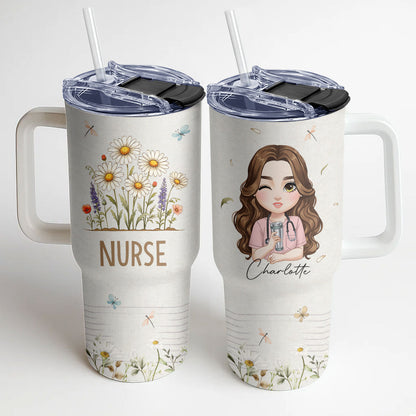 Daisy Floral Nurse - Personalized Nurse 40oz Tumbler With Handle