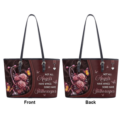 Stethoscope And Flowers - Personalized Custom Nurse Leather Tote Bag