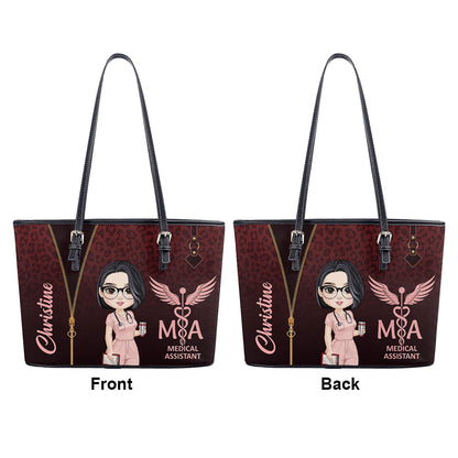 Leopard Print Nurse - Personalized Custom Nurse Leather Tote Bag