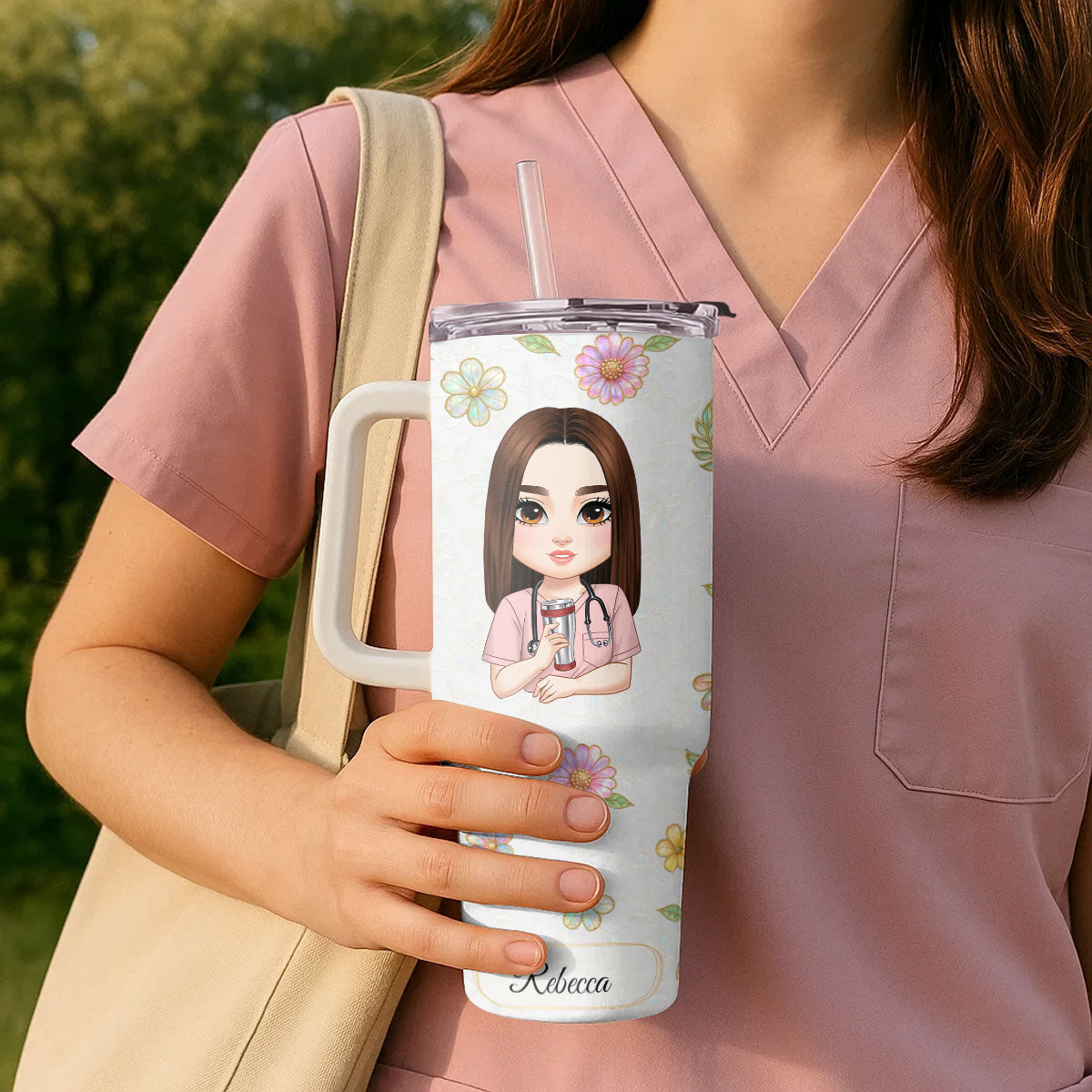 Floral Nurse Drink - Personalized Nurse 40oz Tumbler With Handle