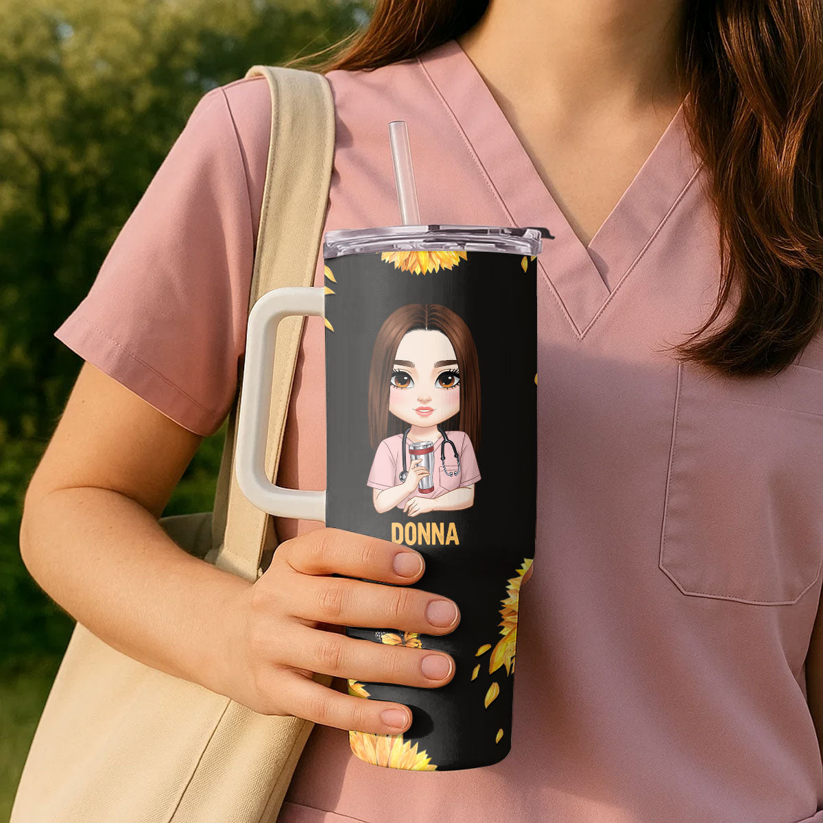 Sunflower Nurse - Personalized Nurse 40oz Tumbler With Handle