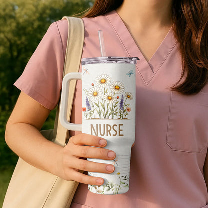 Daisy Floral Nurse - Personalized Nurse 40oz Tumbler With Handle