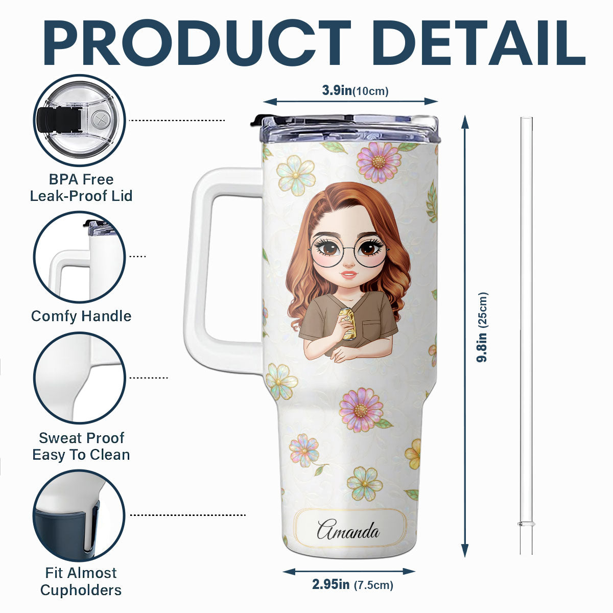 Floral Nurse Drink - Personalized Nurse 40oz Tumbler With Handle