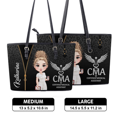 Leopard Print Nurse - Personalized Custom Nurse Leather Tote Bag