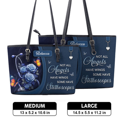 Stethoscope And Flowers - Personalized Custom Nurse Leather Tote Bag