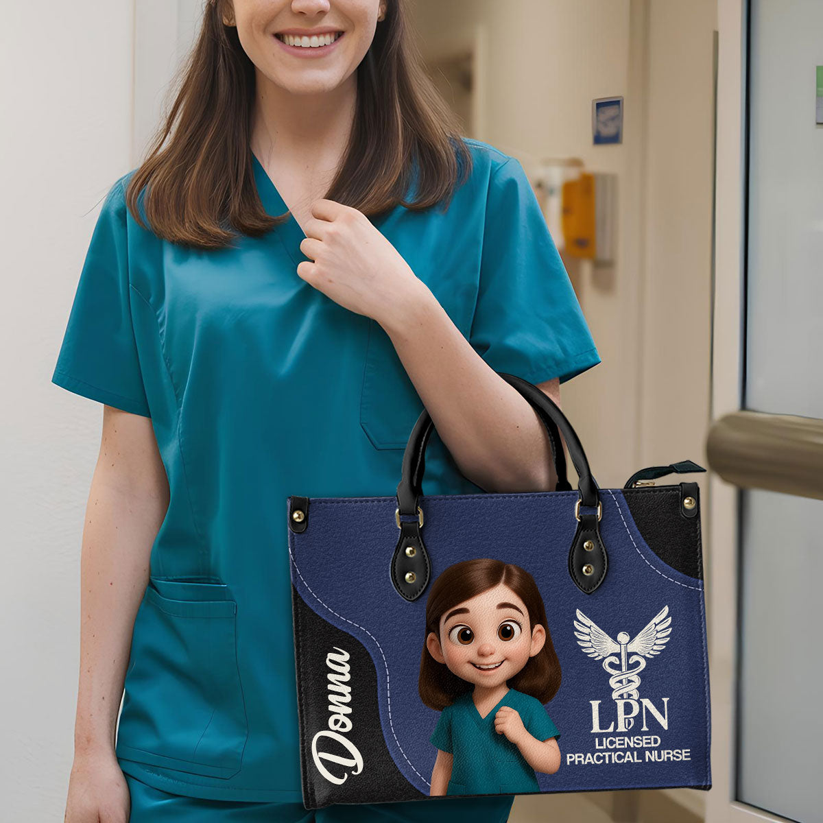 Nurse With Love Cartoon - Personalized Custom Leather Handbag