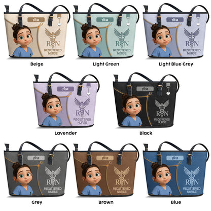 Watercolor Nurse Cartoon - Personalized Custom Nurse Leather Tote Bag
