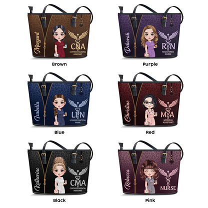 Leopard Print Nurse - Personalized Custom Nurse Leather Tote Bag