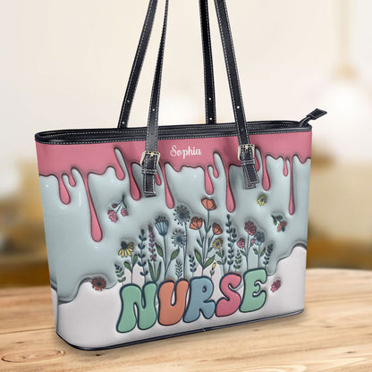 Nurse Flower - Personalized Custom Nurse Leather Tote Bag