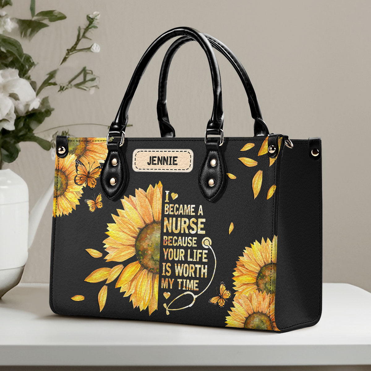 Sunflower Nurse - Personalized Custom Leather Handbag