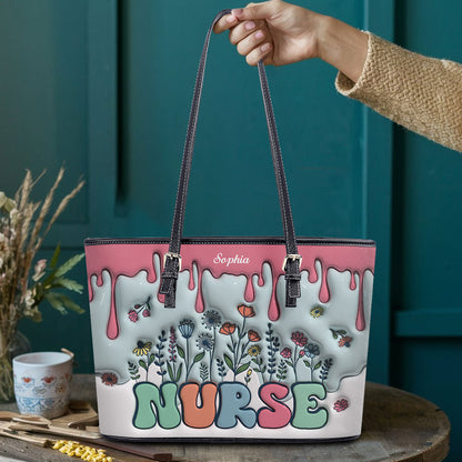 Nurse Flower - Personalized Custom Nurse Leather Tote Bag