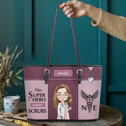 Superhero In Scrubs - Personalized Custom Nurse Leather Tote Bag