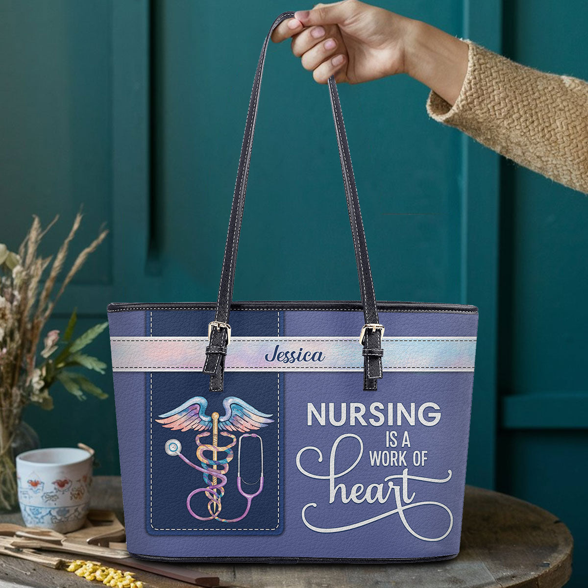 Nurse Job Is A Work of Heart - Personalized Custom Nurse Leather Tote Bag