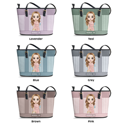 Striped Pattern Nurse - Personalized Custom Nurse Leather Tote Bag