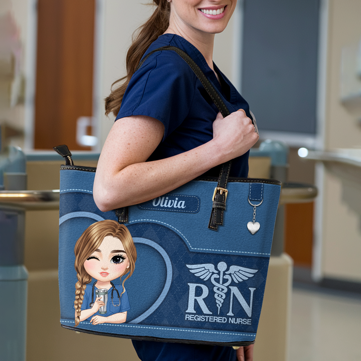 Nurse Plaid Heart - Personalized Custom Nurse Leather Tote Bag
