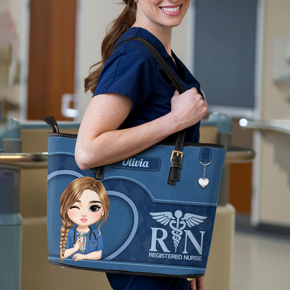 Nurse Plaid Heart - Personalized Custom Nurse Leather Tote Bag