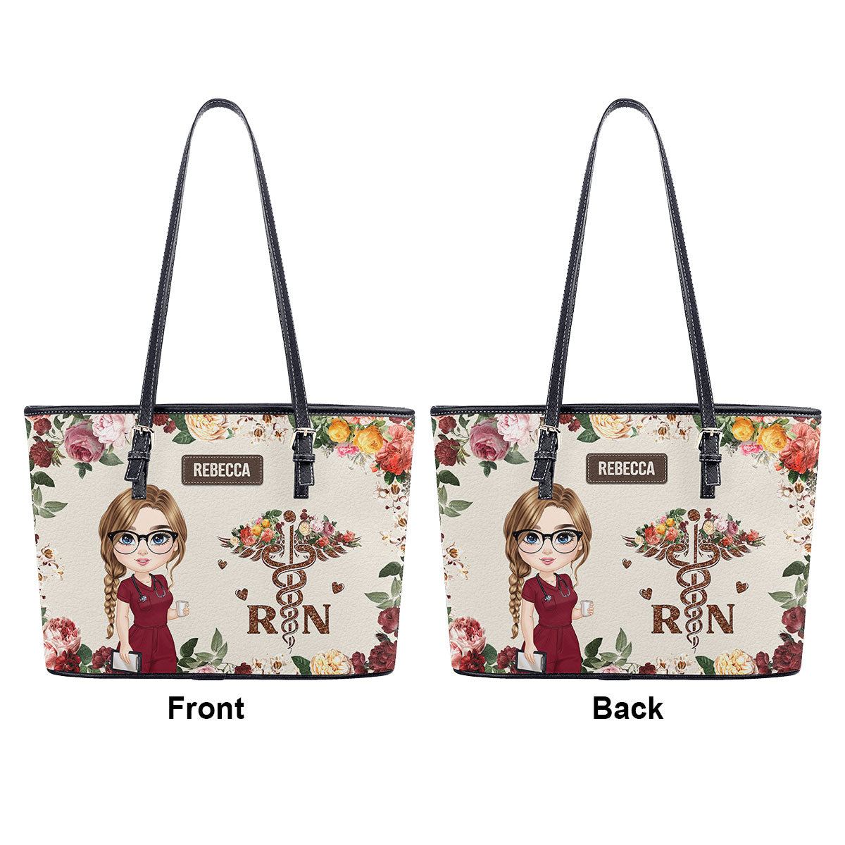 Nurse With Roses - Personalized Custom Nurse Leather Tote Bag