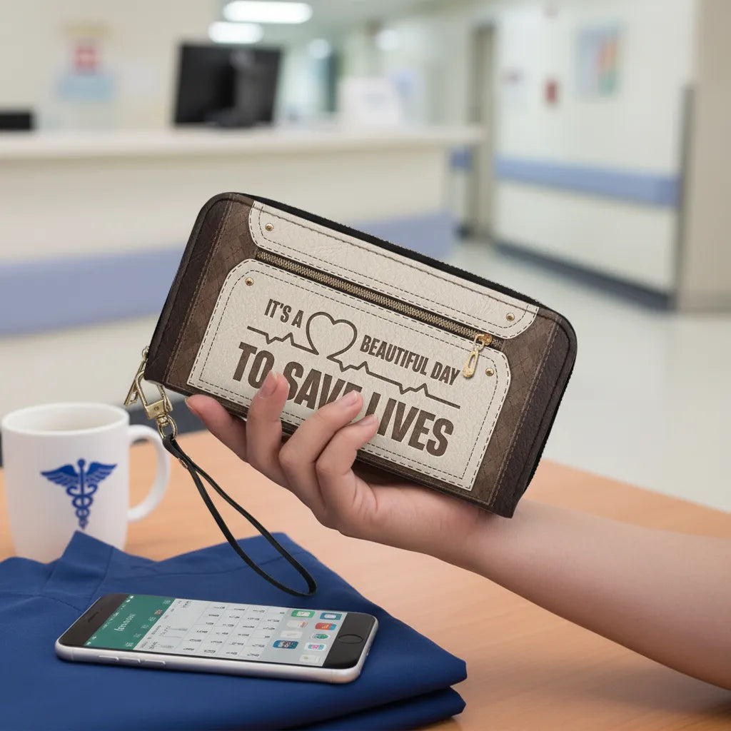 Beautiful Day To Save Lives - Personalized Nurse Leather Long Wallet