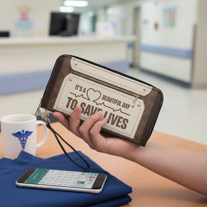 Beautiful Day To Save Lives - Personalized Nurse Leather Long Wallet