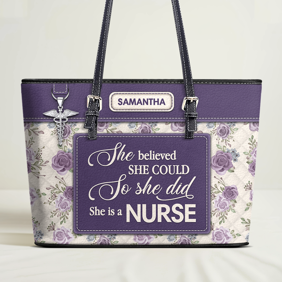 Rose Nurse - Personalized Custom Nurse Leather Tote Bag