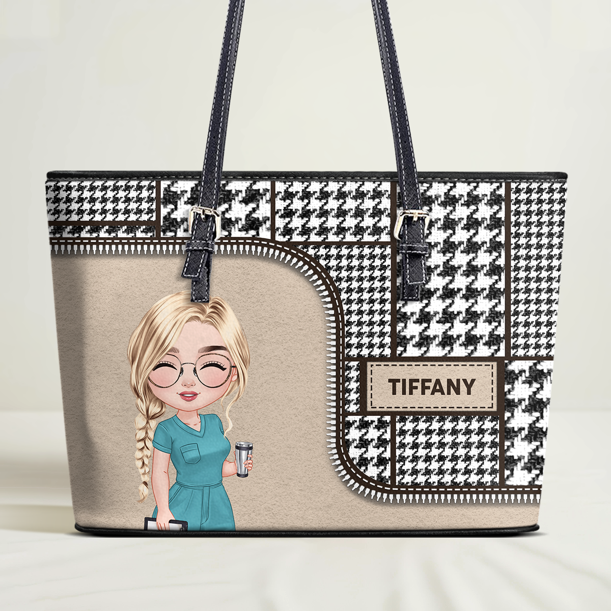 Classic Houndstooth Nurse - Personalized Custom Nurse Leather Tote Bag