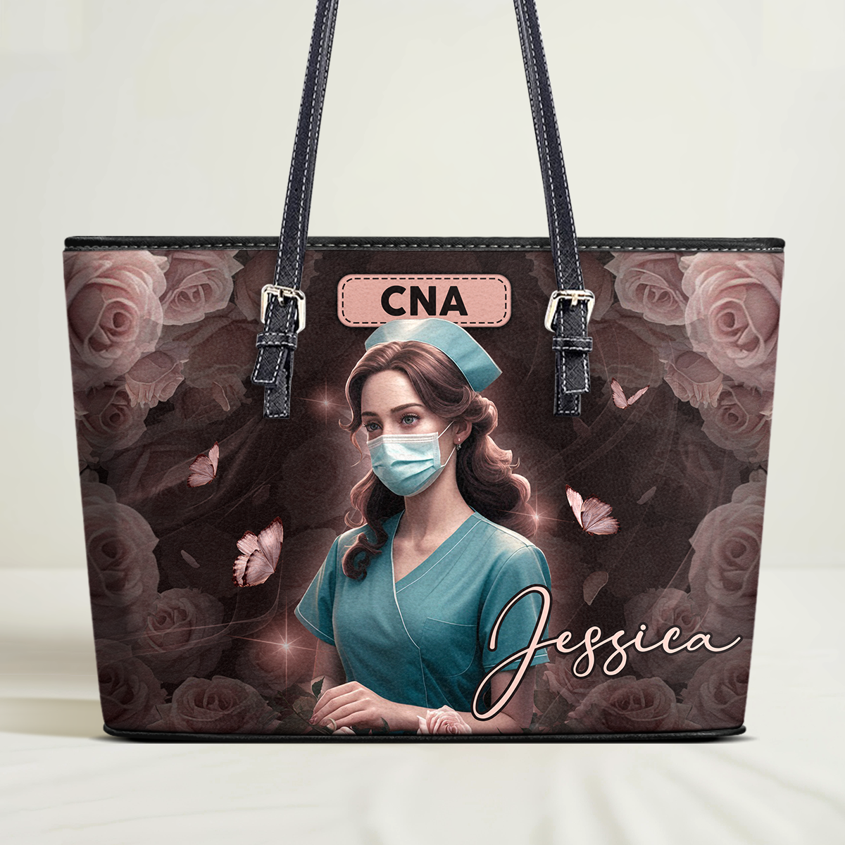 Flawless Floral Nurse - Personalized Custom Nurse Leather Tote Bag