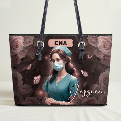 Flawless Floral Nurse - Personalized Custom Nurse Leather Tote Bag