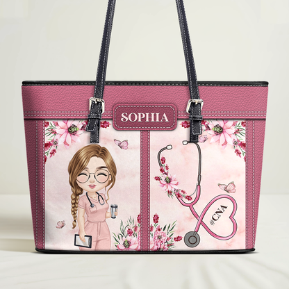 Floral Nurse - Personalized Custom Nurse Leather Tote Bag