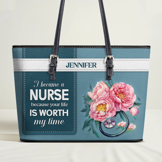 Floral Beauty Nurse - Personalized Custom Nurse Leather Tote Bag