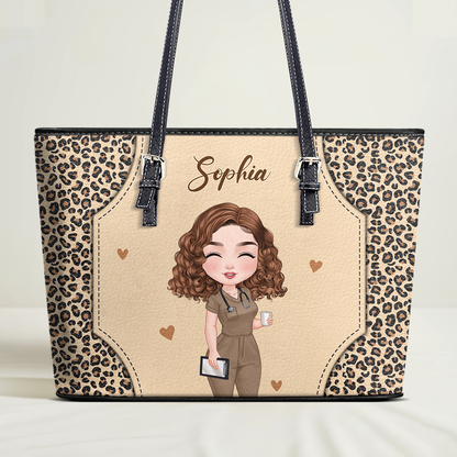 Leopard Print Nurse - Personalized Custom Nurse Leather Tote Bag