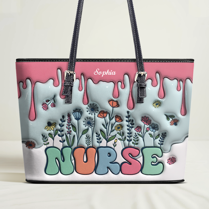 Nurse Flower - Personalized Custom Nurse Leather Tote Bag