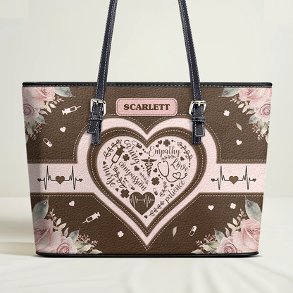 Nurse Heart - Personalized Custom Nurse Leather Tote Bag