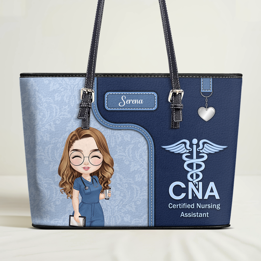 Nurse With Healthcare Icon - Personalized Custom Nurse Leather Tote Bag