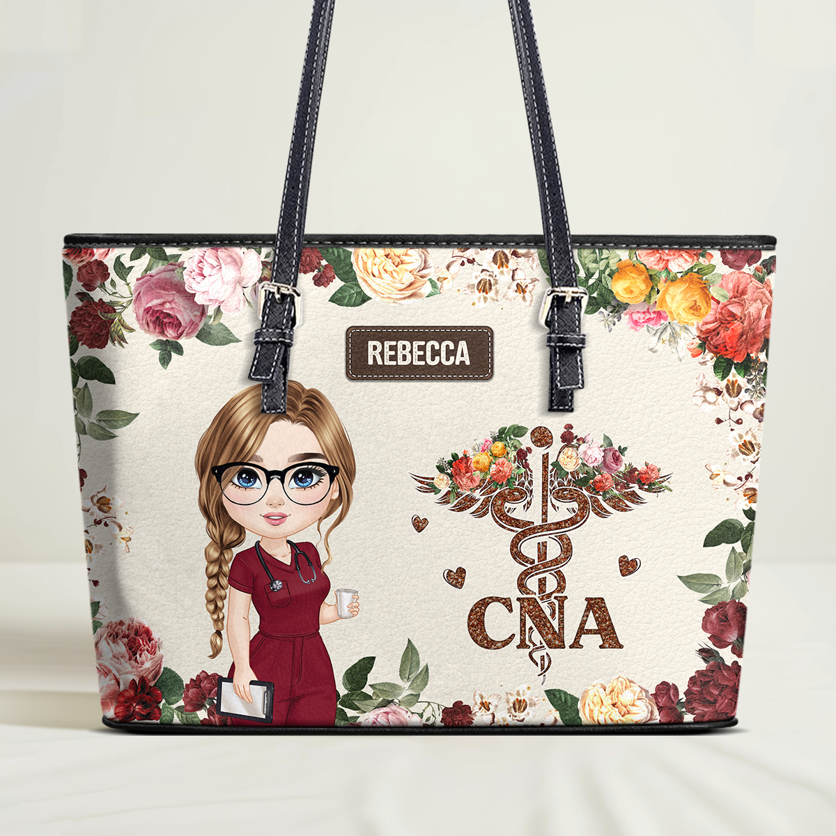 Nurse With Roses - Personalized Custom Nurse Leather Tote Bag