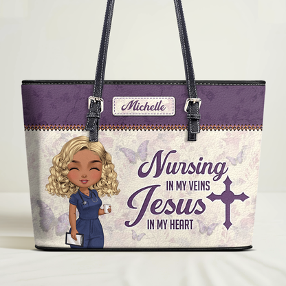 Nursing In My Veins - Personalized Custom Nurse Leather Tote Bag