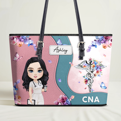 Pastel Floral Nurse - Personalized Custom Nurse Leather Tote Bag