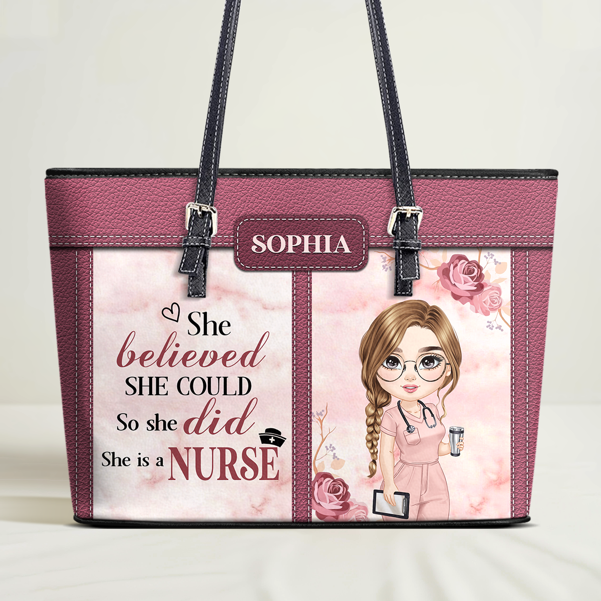 She Believed She Could - Personalized Custom Nurse Leather Tote Bag