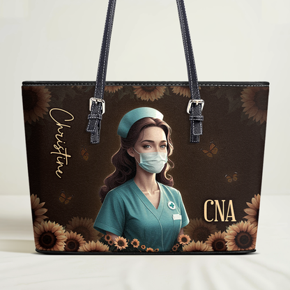 Sunflower Elegant Nurse - Personalized Custom Nurse Leather Tote Bag