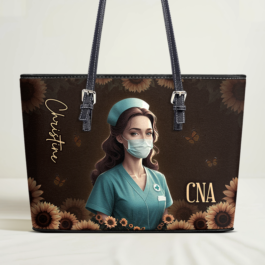 Sunflower Elegant Nurse - Personalized Custom Nurse Leather Tote Bag