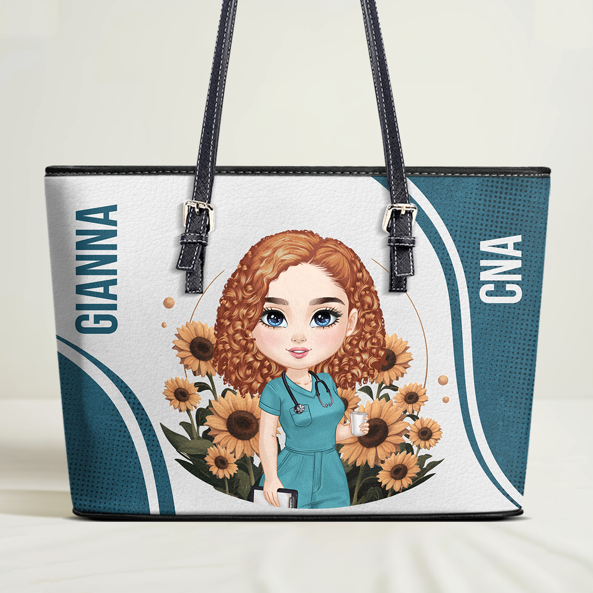 Sunflower Floral Style - Personalized Custom Nurse Leather Tote Bag