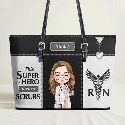 Superhero In Scrubs - Personalized Custom Nurse Leather Tote Bag