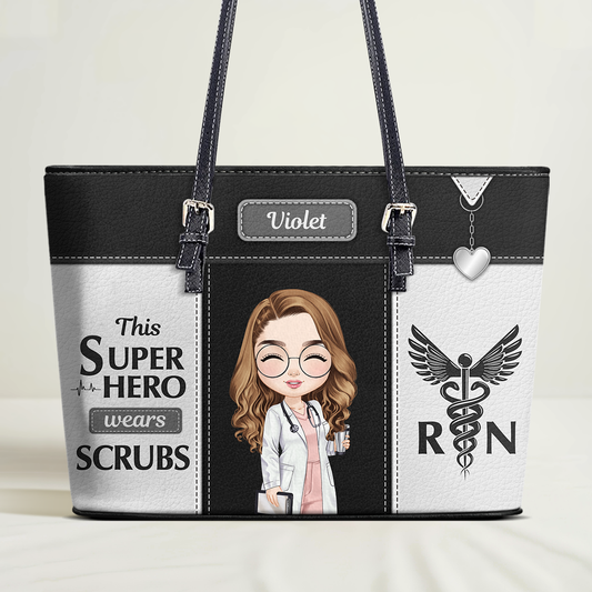 Superhero In Scrubs - Personalized Custom Nurse Leather Tote Bag